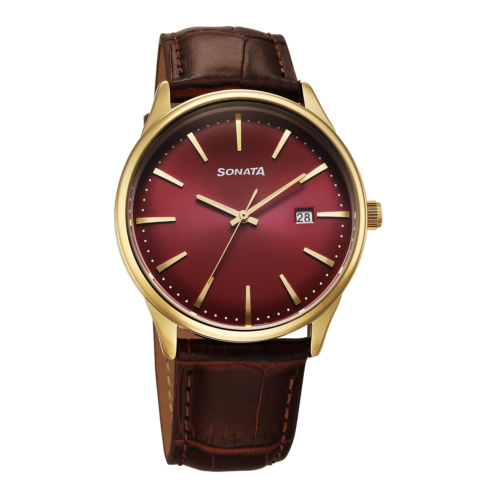Sonata Quartz Analog Maroon Dial Leather Strap Watch for Men