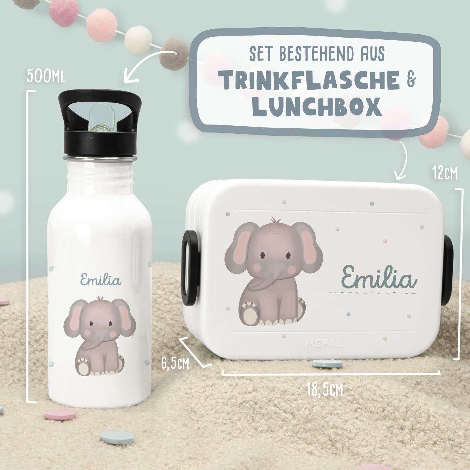 hellomini Personalisierte Mepal-Lunchbox & Edelstahl-Trinkflasche 500ml Set mit Wunschname & Tiermotiv – Brotzeitbox & Trinkflasche Kinder Schule Kita Geschenk (Elefant, Weiß)