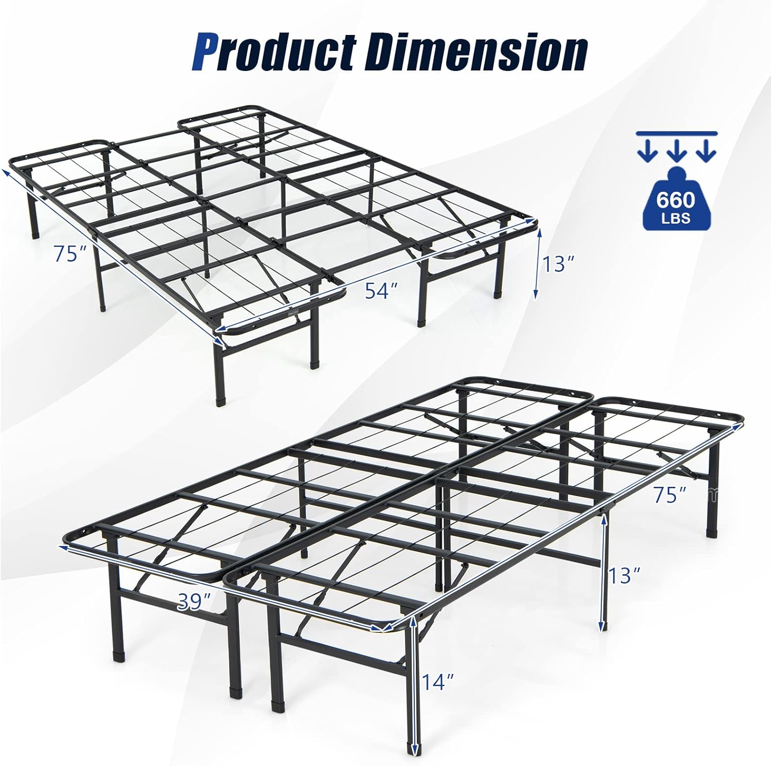 Detailed view of bed frame construction showing steel legs, reinforced structure, and non-slip feet.