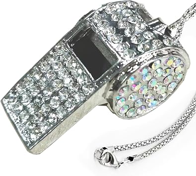Metal Crystal Rhinestone Whistle - Shining Bling With Chain for Referees, Coaches, Teachers, Police, Training Silver