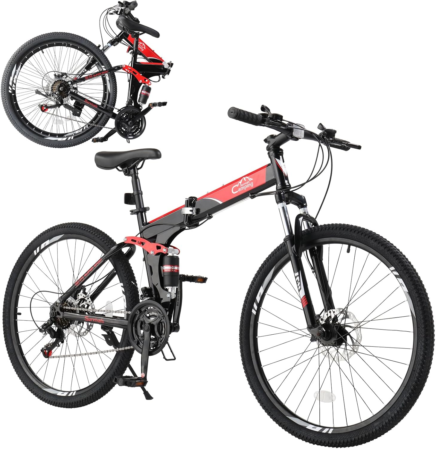 CamPingSurvivals 24 Inch Foldable Mountain Bike for Adults - 21 Speed, High Carbon Steel Frame, Dual Suspension, Disc Brakes (Black/Red)