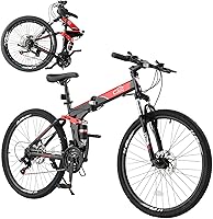 CamPingSurvivals 24 Inch Foldable Mountain Bike for Adults - 21 Speed, High Carbon Steel Frame, Dual Suspension, Disc Brakes (Black/Red)