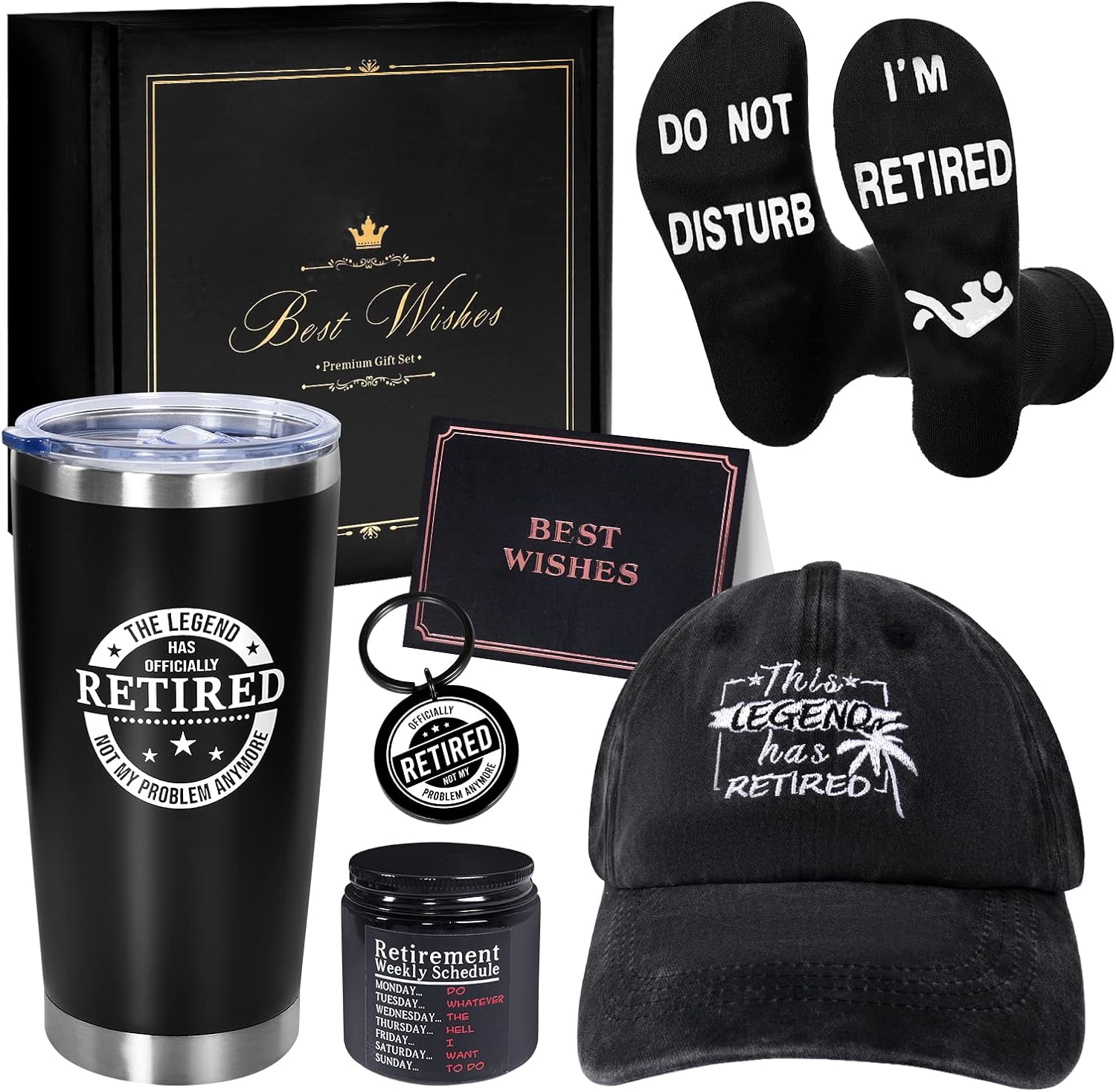 Retirement Gifts for Men, Funny Retired Presents Include Insulated Tumbler Baseball Cap Socks Keychain Scented Candle with Gift Box for Dad, Coworkers, Friends, Retired People