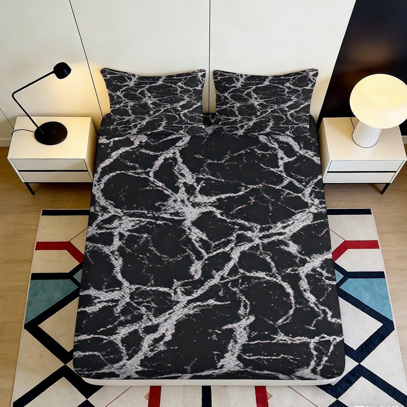 3D Printed Black Marble Fitted Sheet Microfiber Soft Bedroom Decor White Vein Mattress Cover for Home Dorm 90x200x25cm