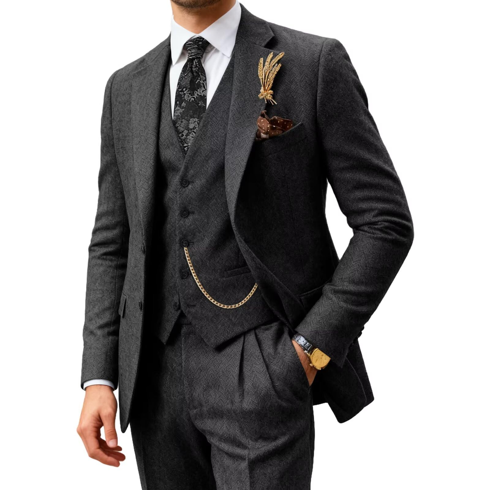 Abito da uomo retrò 3 pezzi tweed a spina di pesce abiti da uomo giacca di lana smoking sposi matrimonio blazer gilet pantaloni set ballo