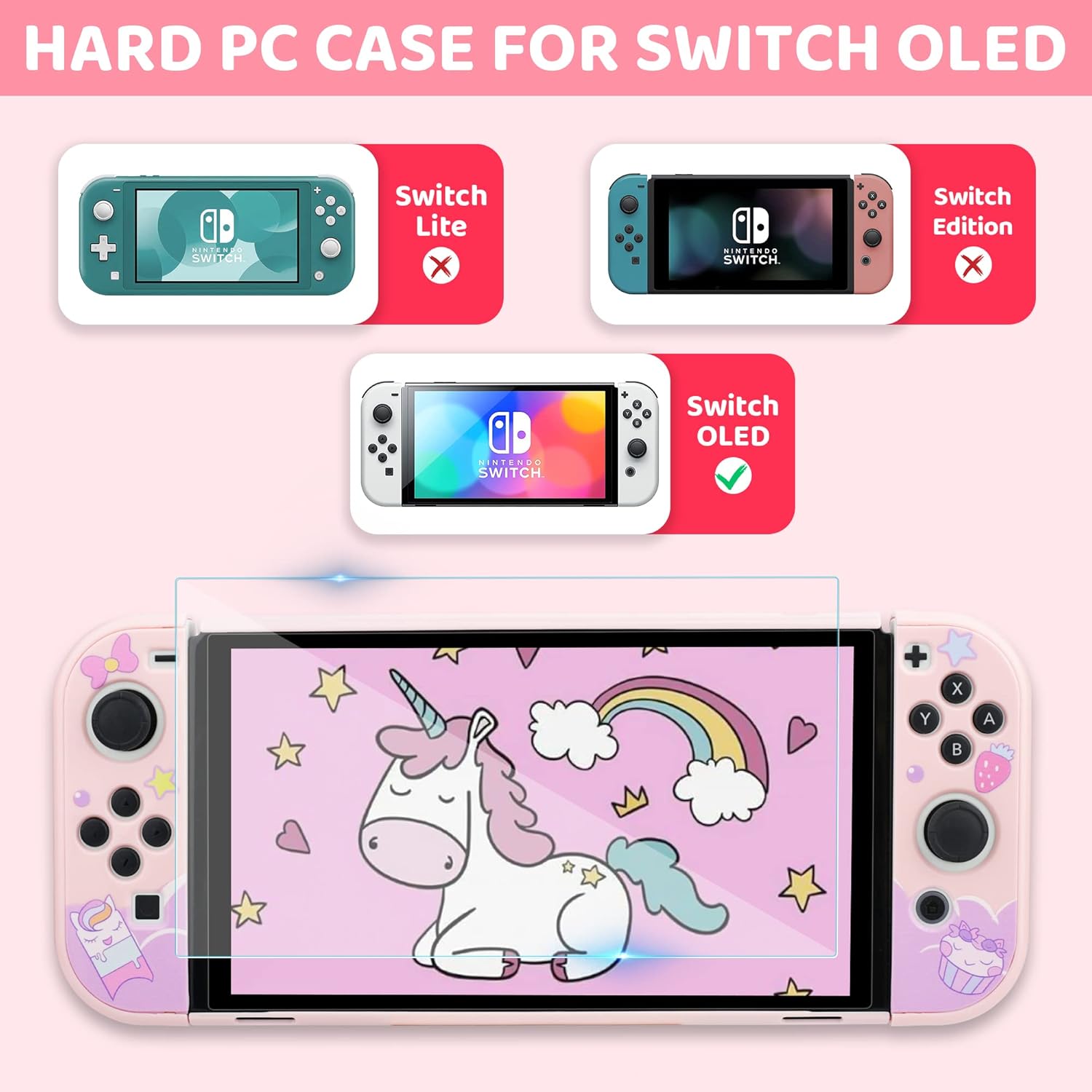 GLDRAM Pink Carrying Case for Nintendo Switch OLED, Cute Accessories Bundle for Unicorn with Portable Travel Storage Bag, Hard Shell PC Protective Cover, Screen Protector, Thumb Grips & Shoulder Strap - Image 5