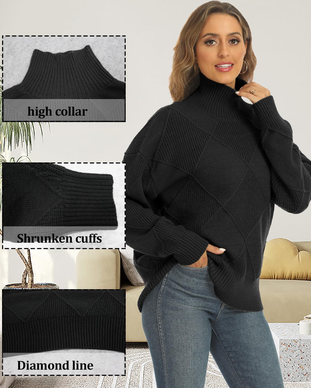 JFAN Maglione Donna a Collo Alto Elegante Pullover Vintage in Maglia a Rombo Manica Lunga Maglione Sciolta Caldo per Autunno e Inverno