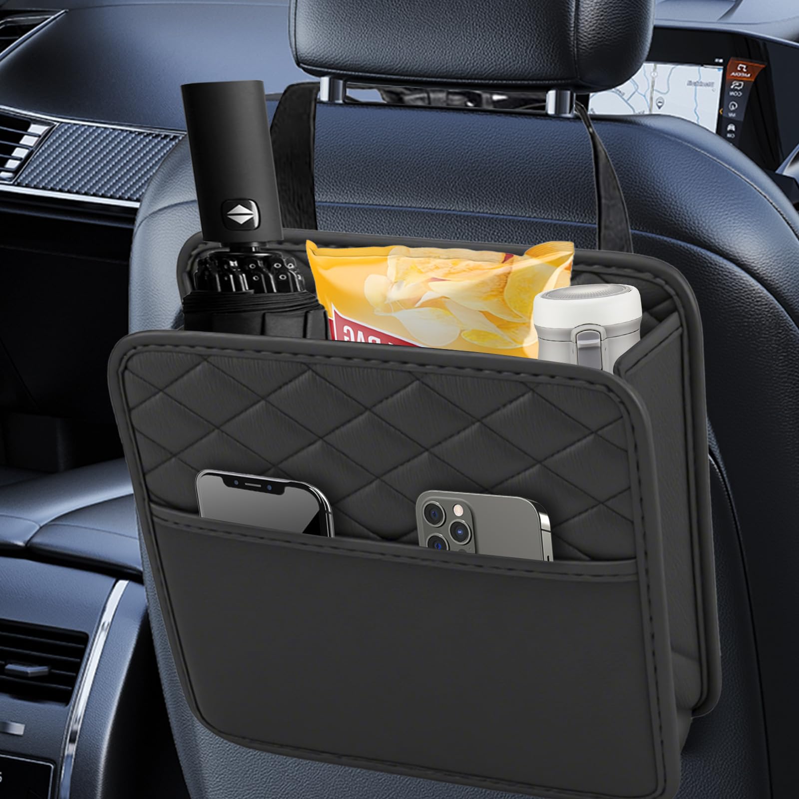 Autositz Organizer,Leder Auto Aufbewahrungstasche,Rückenlehnenschutz Auto Kinder,Wasserdicht Rücksitz Organizer,Hängende Autoorganizer mit Längenverstellbaren Schultergurten für Autos (Schwarz)