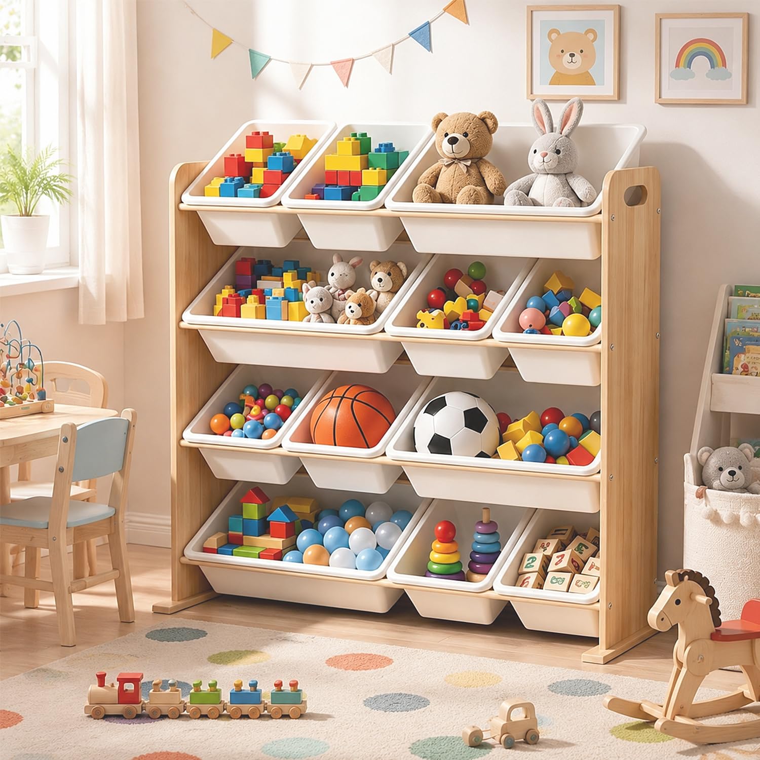 Kinderregal mit 12 Boxen,Spielzeug Organizer Naturholzfarbe