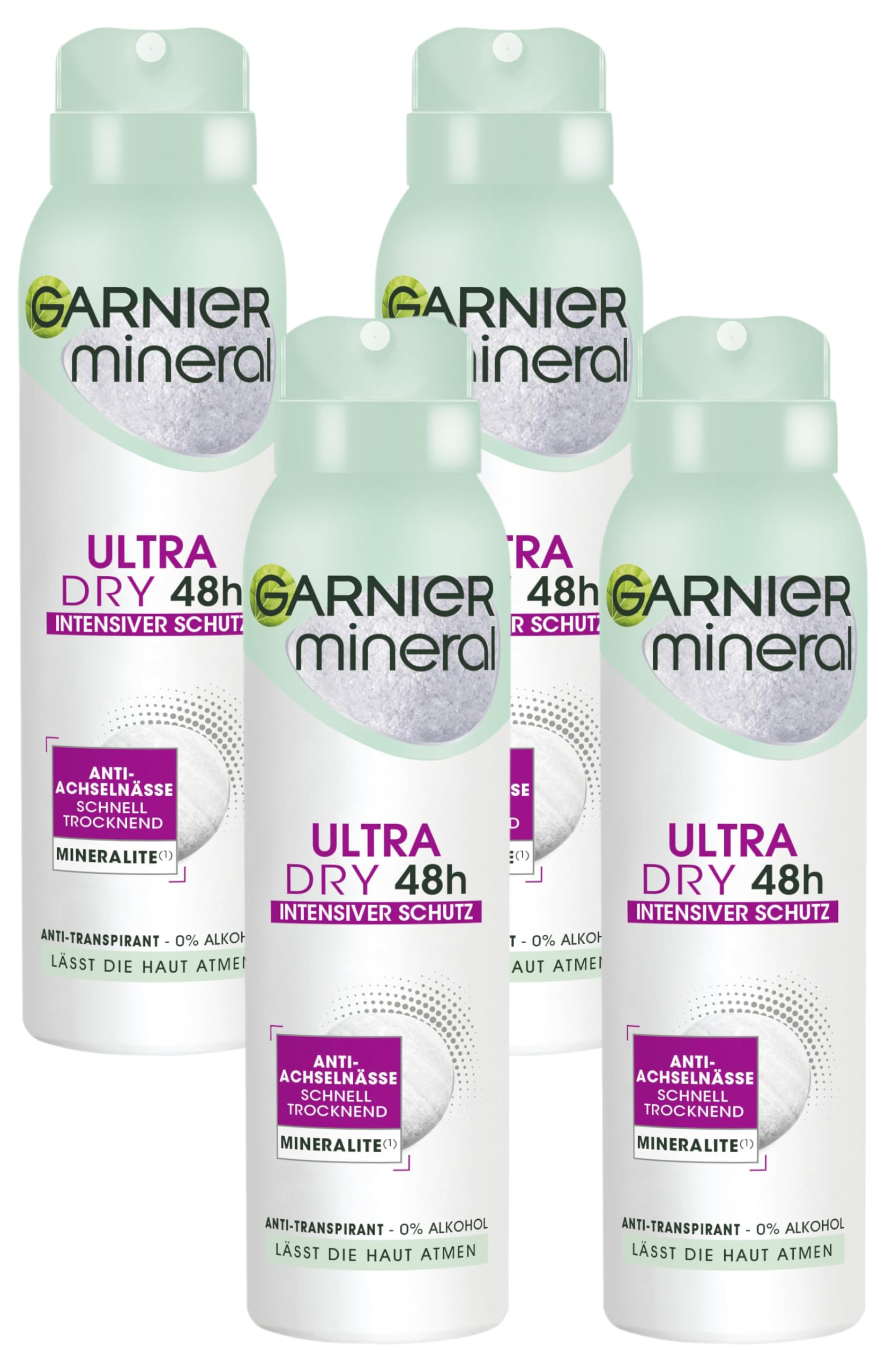Garnier Deo-Spray, Anti-Transpirant, intensiver Schutz vor Körpergeruch & Achselnässe, bis zu 48 h Wirkung, Mineral UltraDry (Packung mit 4)