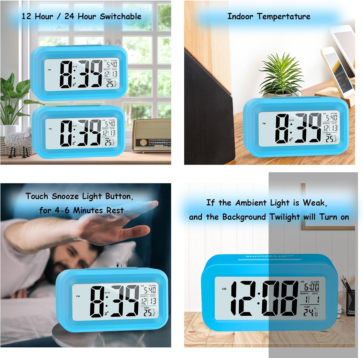 JOPHEK Réveil numérique LCD - Réveil de voyage avec température et fonction snooze - Contrôle de la lumière - Réveil intelligent pour chambre à coucher, bureau à domicile