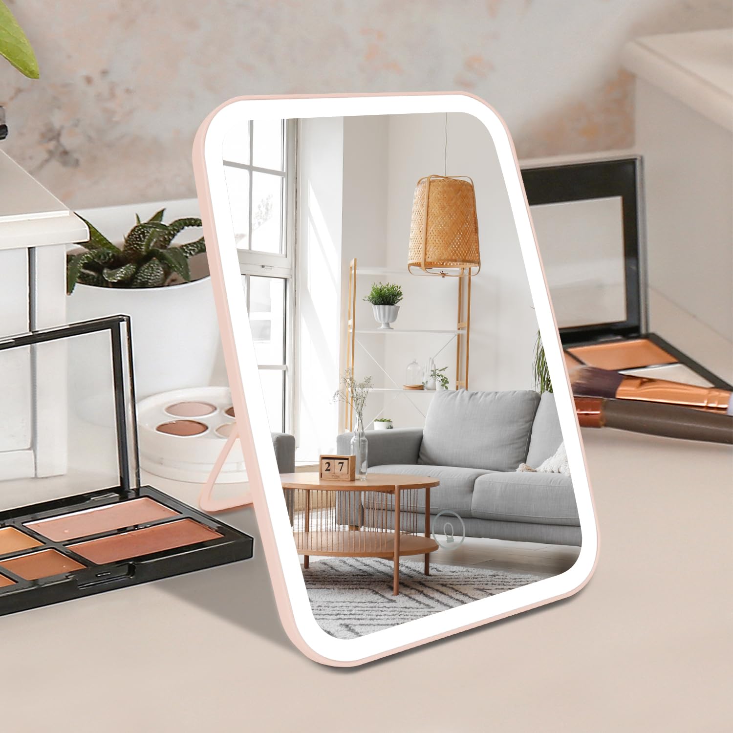 OWill Espejo de tocador con luces, espejo de maquillaje LED con sensor táctil de atenuación de 3 velocidades, rotación de 100°, espejo portátil recargable para baño, dormitorio, viajes