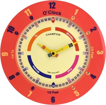 Champion Time Teacher Learn to tell the Time Nursery Kids Bedroom Quartz Wall Clock (red)