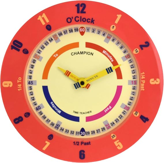 Champion Time Teacher Learn to tell the Time Nursery Kids Bedroom Quartz Wall Clock (red)