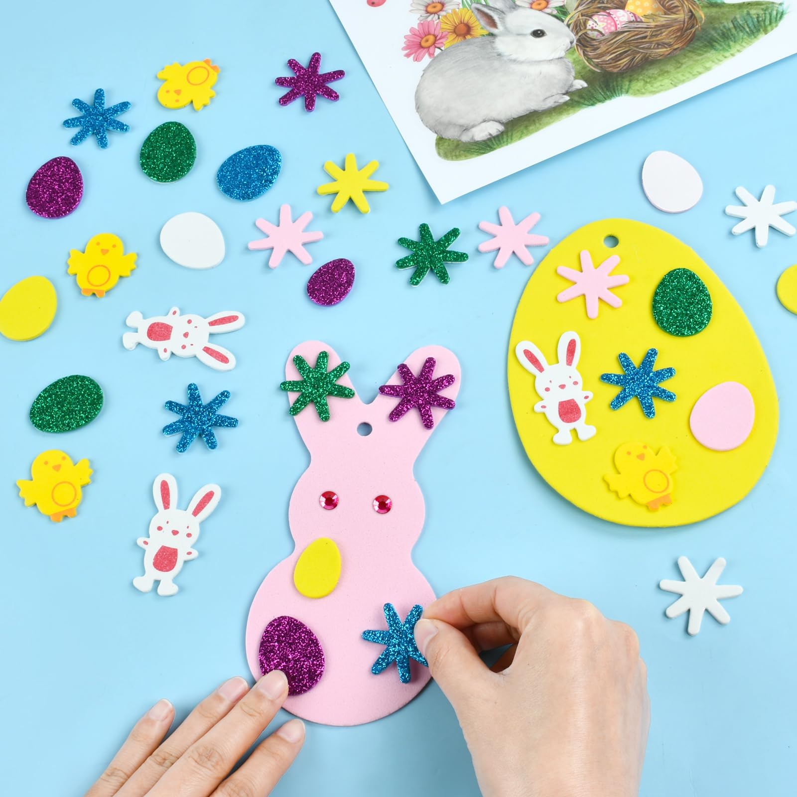146 Adesivi In Schiuma Glitterati Di Pasqua - Coniglietti, Uova, Pulcini E Fiori - Kit Fai Da Te Per Bambini