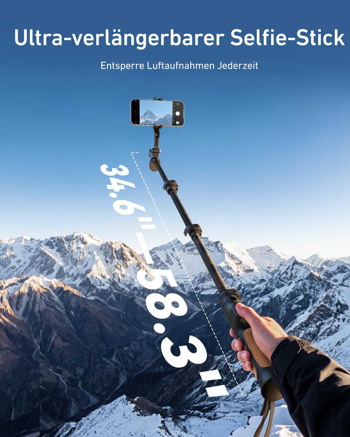 TELESIN TrekShot Carbon Selfie Stick Stativ für iPhone/Action-Kameras | 3-in-1 Wanderstöcke-Style Pole, 148cm Ausziehbares Handy Selfie Stick Stativ, Reise Vlog Monopod mit Bluetooth-Fernbedienung