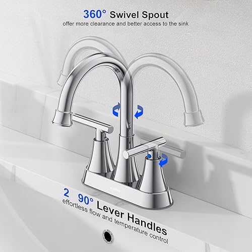 Miniatura 6 de Grifos de baño para fregadero de 3 agujeros, juego central de 4 pulgadas y grifo de lavabo de baño cromado generalizado con drenaje emergente, grifo