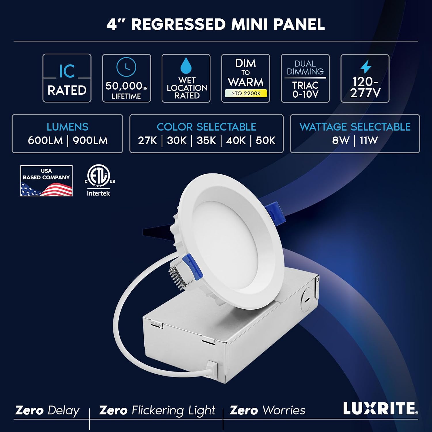 LUXRITE 4 Inch LED Regressed Mini Panel, Recessed Light, 5CCT 2700K-5000K, Dim to Warm, Switchable 8W/11W, 600/900 Lumens, CRI90, Dual Dimmable (TRIAC/0–10V), 100°, Canless Spotlight, ETL (4 Pack)