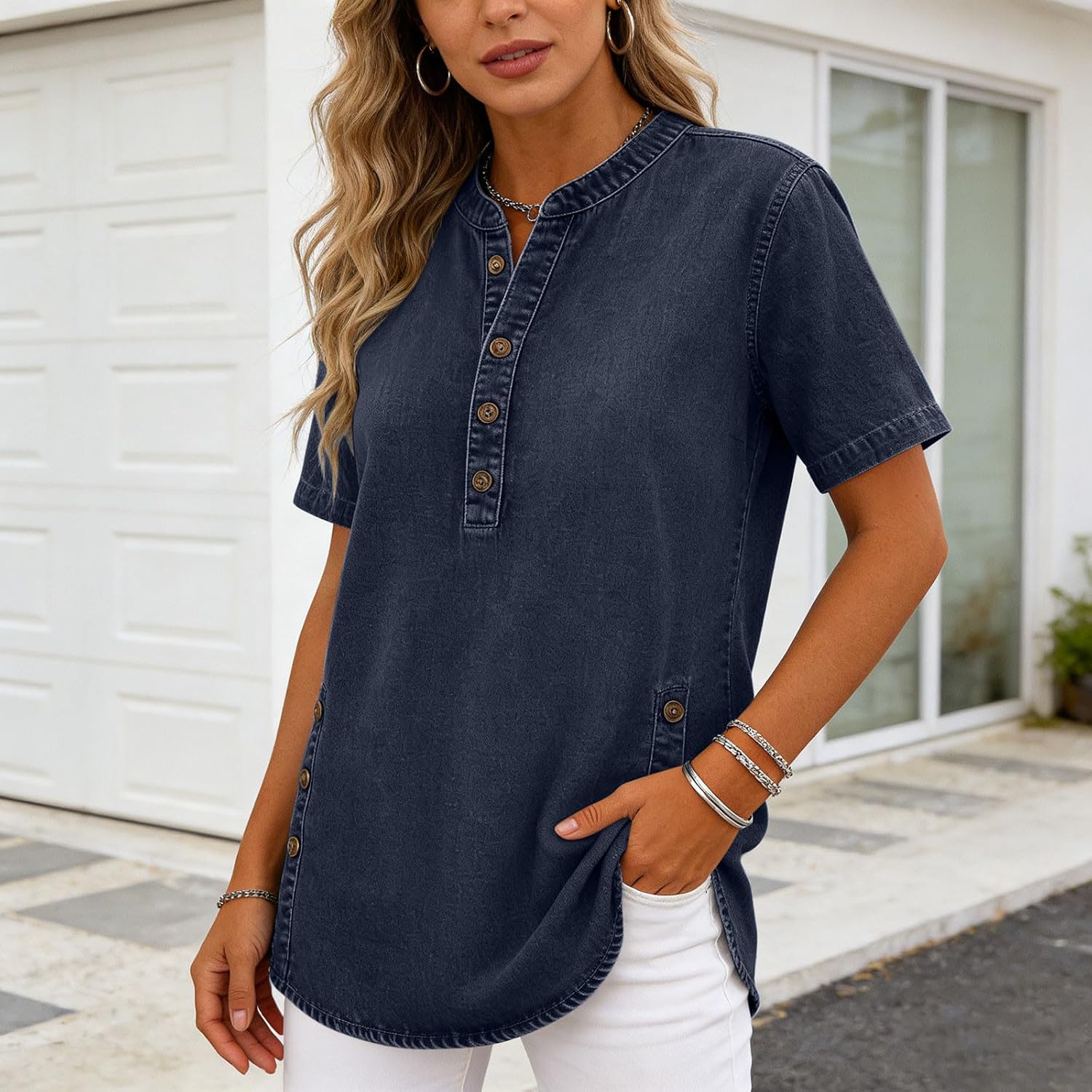 Women Short Sleeve Shirts Casual V Neck Henley Summer Tops Quarter Button Loose Fit Fashion Vacation Tees