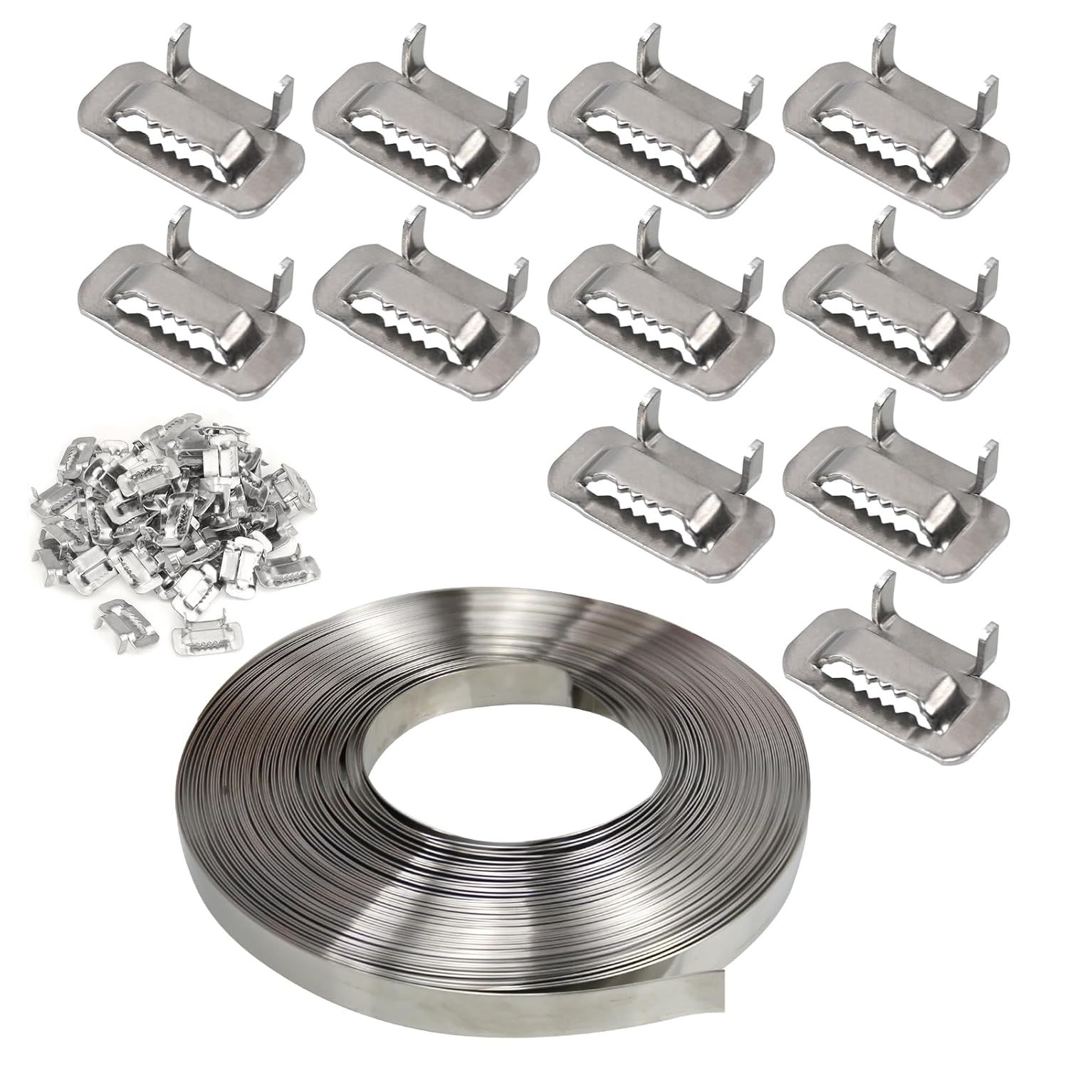 CNQLIS 304 Stainless Steel Banding Strapping Band Strap Tools,100 Feet x 0.75 Inch x 0.03 Inch Steel Strapping Rol,for Strapping 0.03" Thick Coil, 120 Pcs Ear-Lokt Buckles