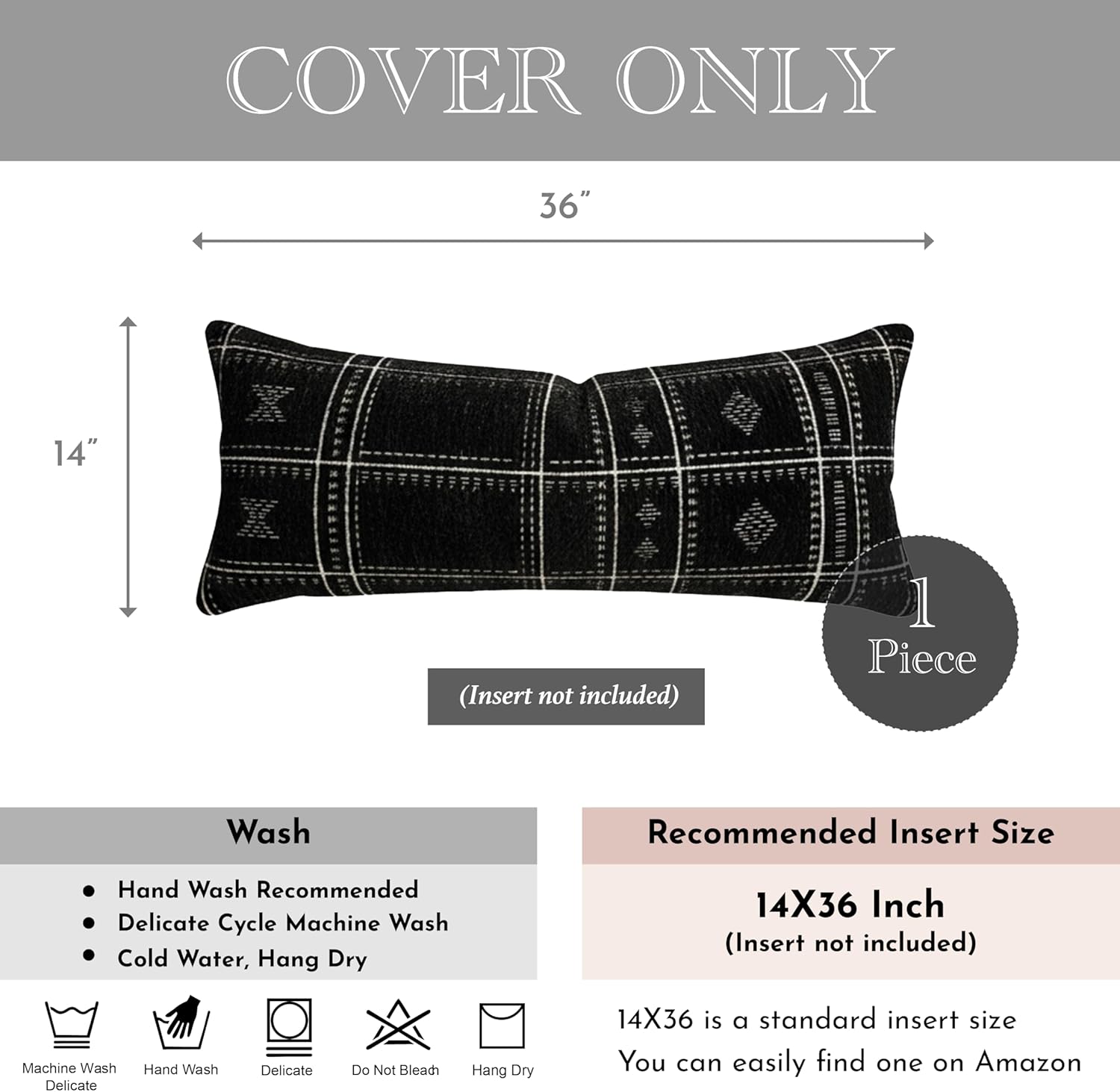 BlissBlush Decorative Lumbar Pillow Cover 14x36, Long Decorative Throw Pillow for Bed, Black Boho Textured Chenille Accent Pillowcase for Bedroom Home Décor (Cover Only)