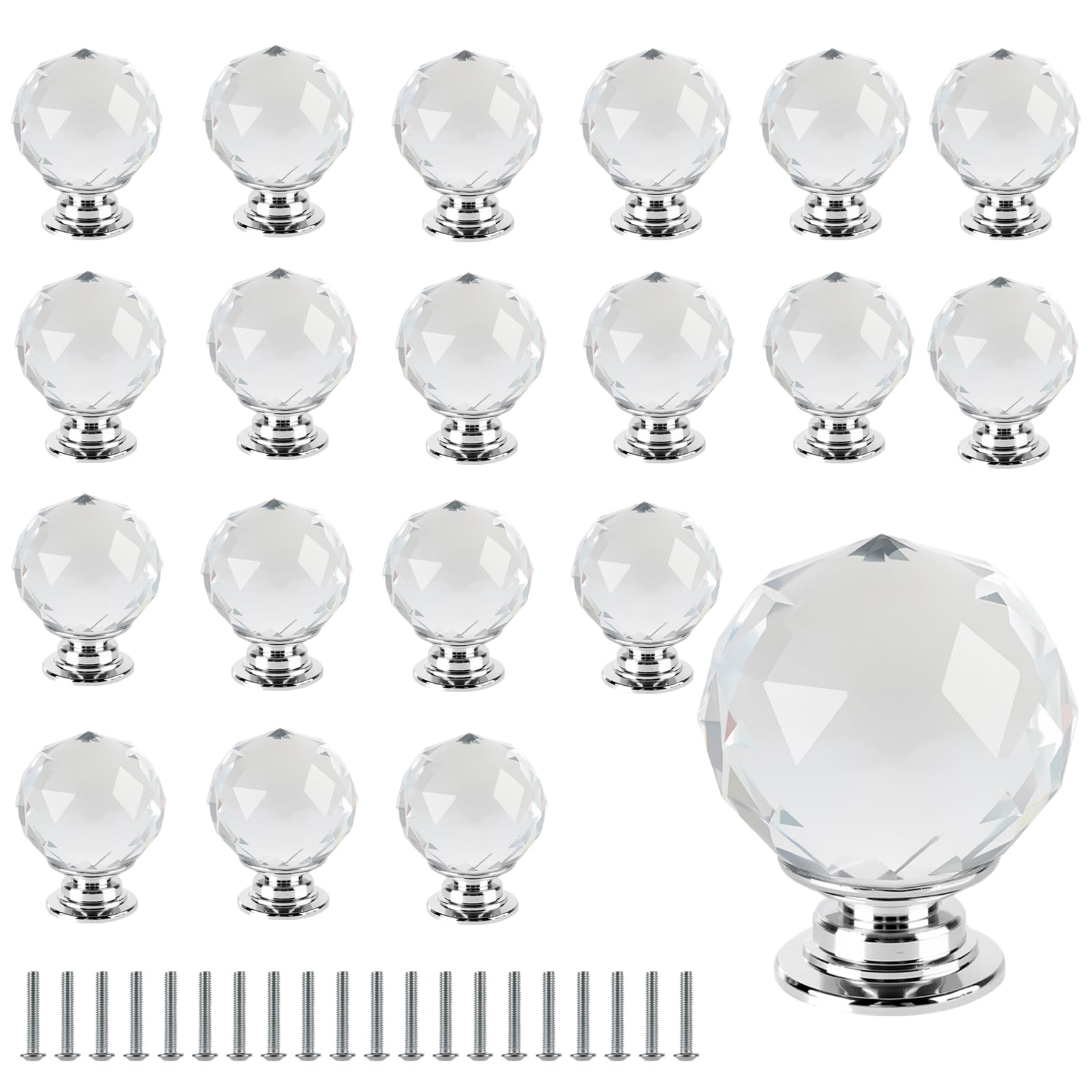 JEUIHAU 20 PCS 30 MM Crystal Door Knobs, Clear Crystal Cabinet Handles with Screws, Glass Door Knob for Cupboard, Drawer, Bedside Cabinet, Dresser Unit and Wardrobe, Silver