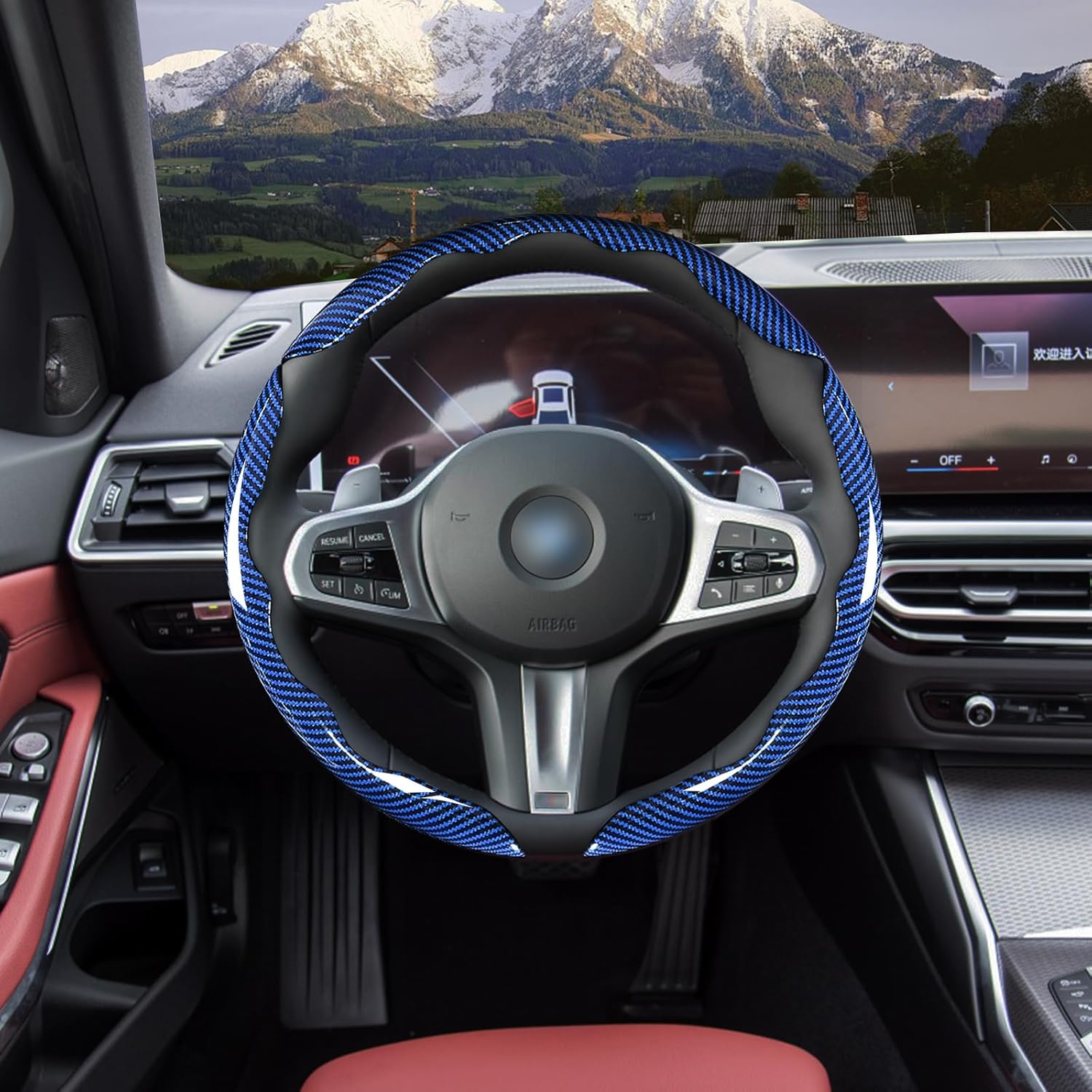 Car Steering Wheel Cover Set Bright Carbon Fiber Wrap Non-Slip 3pcs Steering Wheel Accessories 14.5-15 inch Universal (Blue)