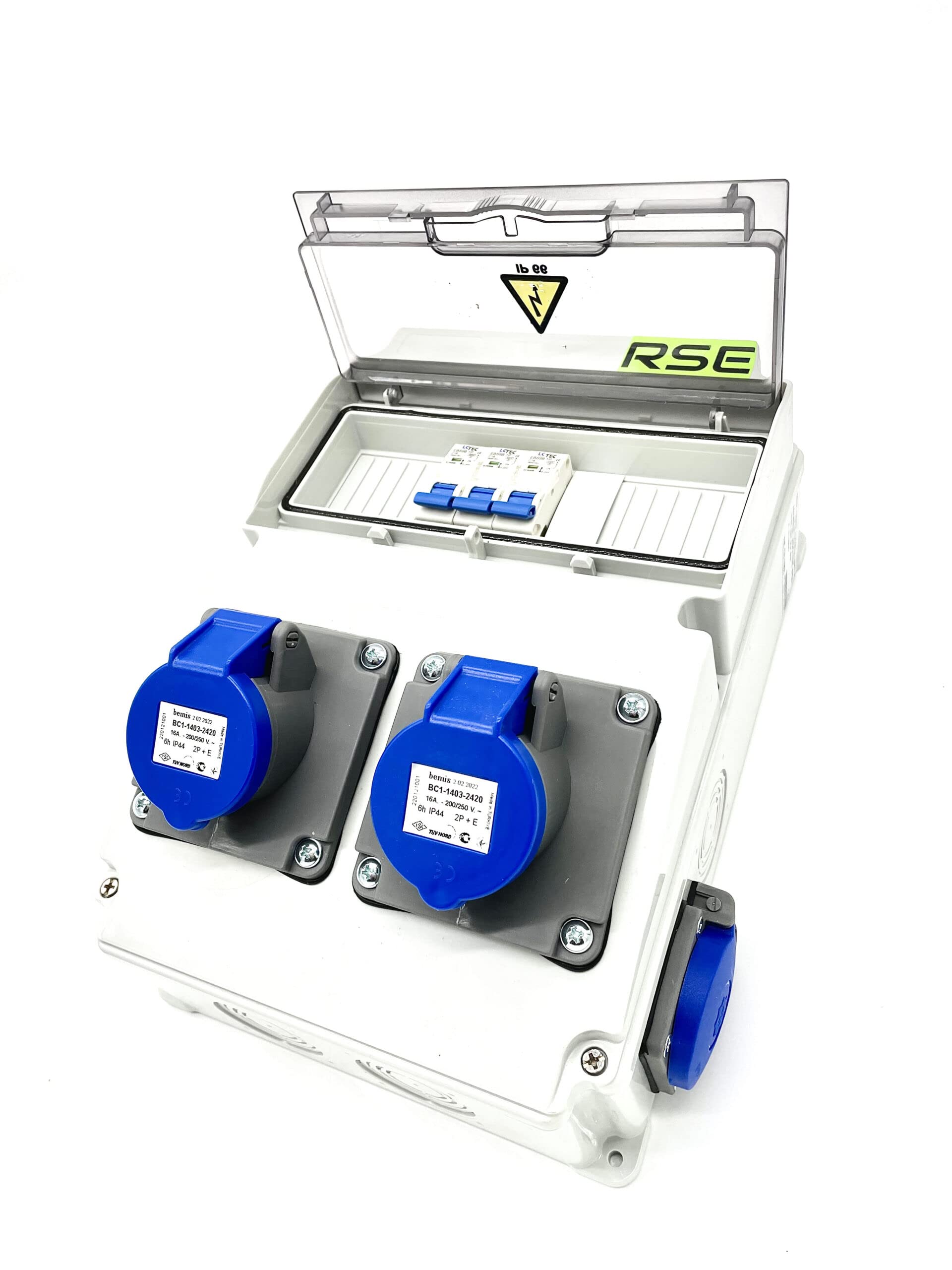 Divisor de pared para camping CEE 16 A 230 V con enchufe de camping IP65, 10. 1 x 230 V + 2 x camping + LS
