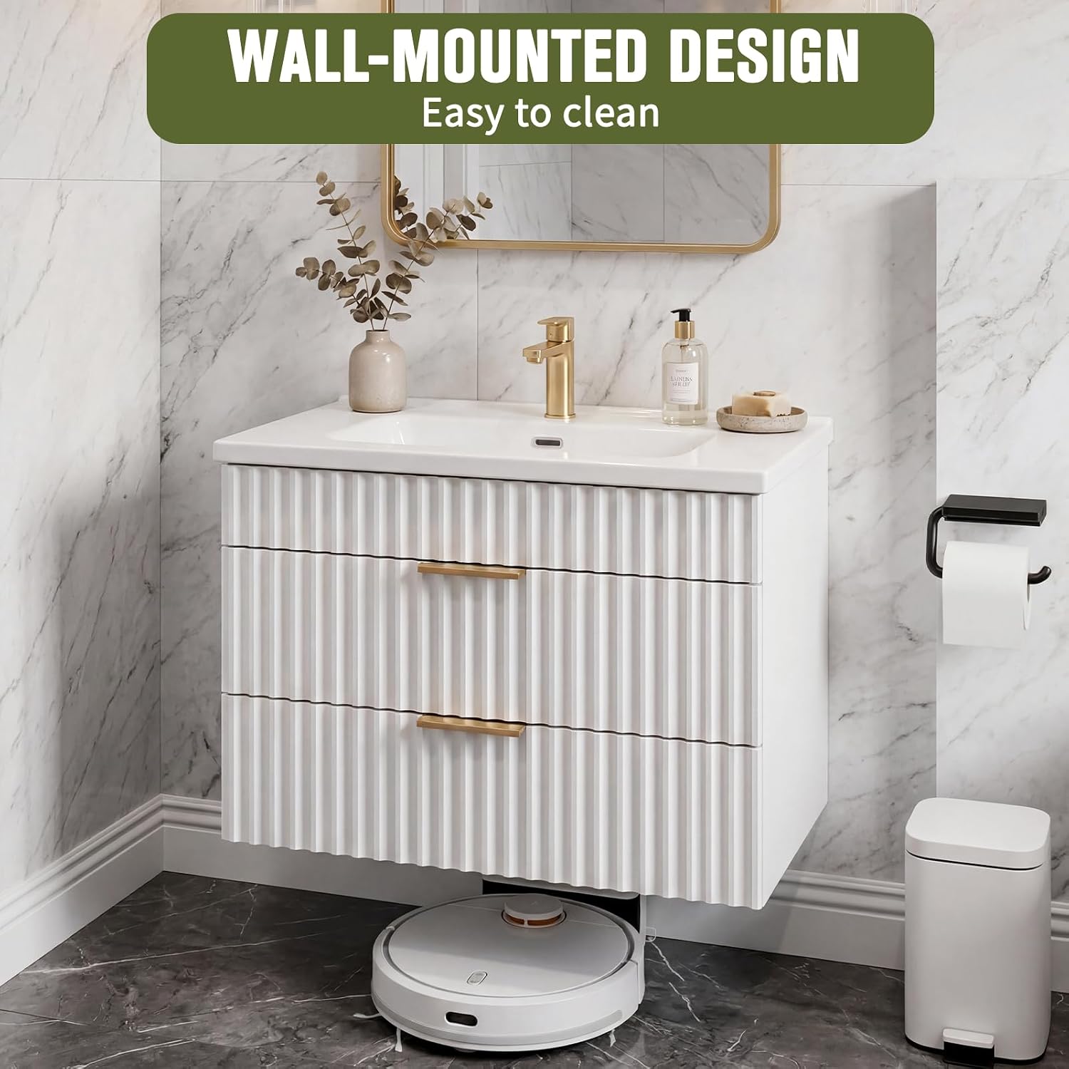 24 Inch Floating Bathroom Vanity with Sink, Modern Wall Mounted Vanity with Ceramic Sink, 2 Large Storage Drawers w/Gold Handles & Smooth Glide Motion, White