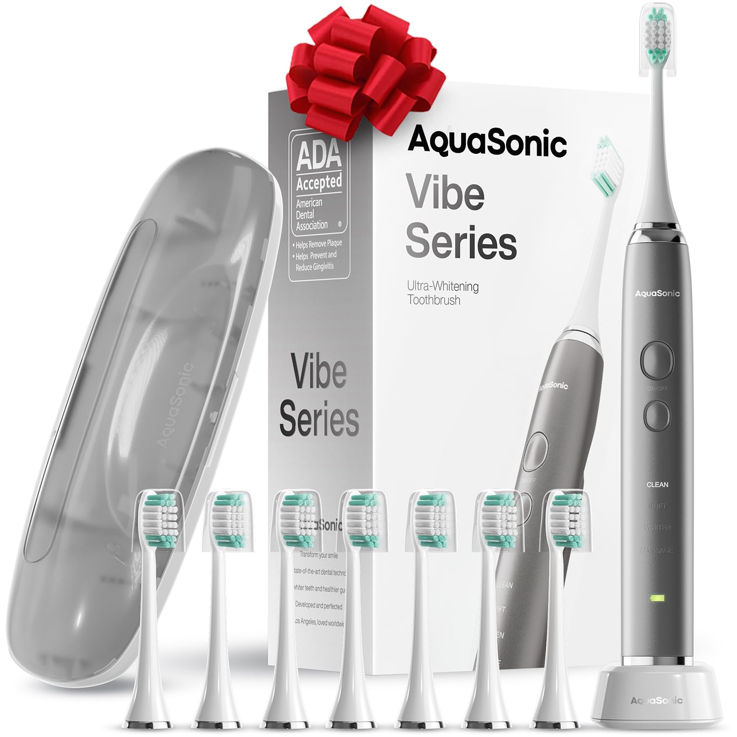Aquasonic Vibe Series Ultra Whitening Toothbrush ADA Accepted Electric Toothbrush - 8 Brush Heads & Travel Case - Ultra Sonic Motor & Wireless Charging - 4 Modes w Smart Timer Charcoal Metallic