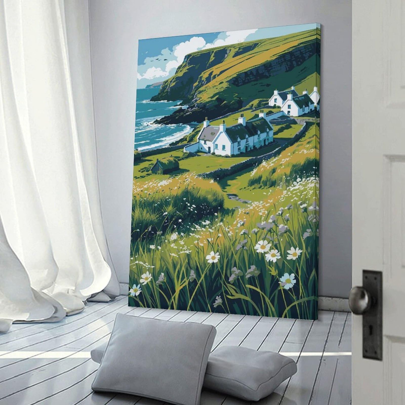 Junmoney Coastal Village Landscape with White Cottages Room Decor Wall Art, 24x36inch(60x90cm), for Office, Study Or Home Workspace, A Smart Decor Choice for Study Walls