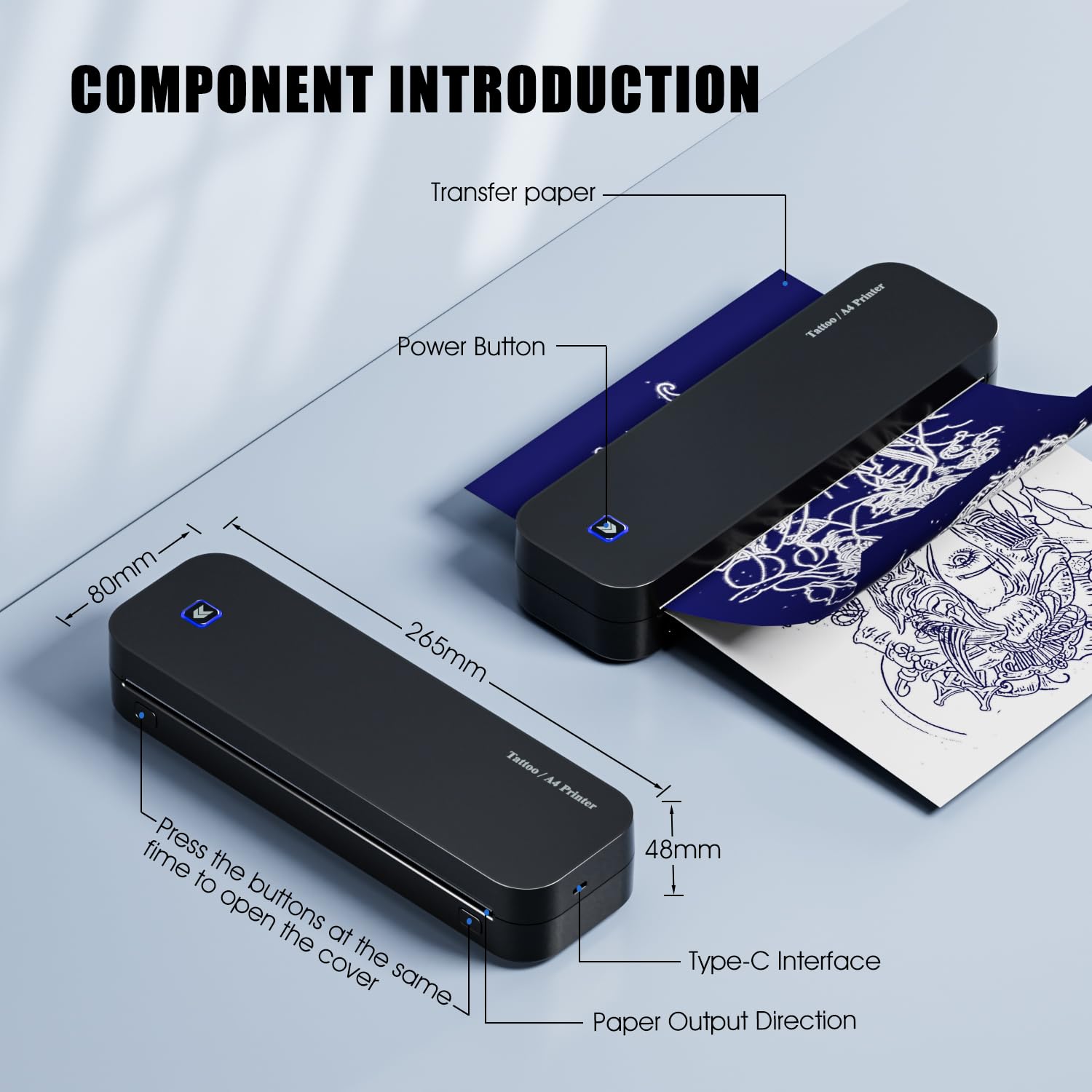Imprimante Tatouage Bluetooth Thermocopieur avec 20 Feuilles de Papier A4 Machine d’Impression de Pochoir de Tatouage Professionnel Compatible avec IPad Téléphone et PC pour Débutants Tatoueur