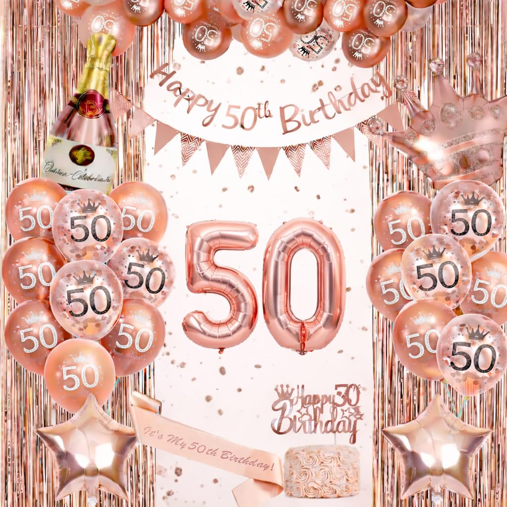 Omrel Rose Gold 50th Birthday Decoration for Women - Happy 50th Birthday Banner For Women, Triangle Flag Banner, Number 50th Birthday Balloons, Foil Curtains for Party Decorations
