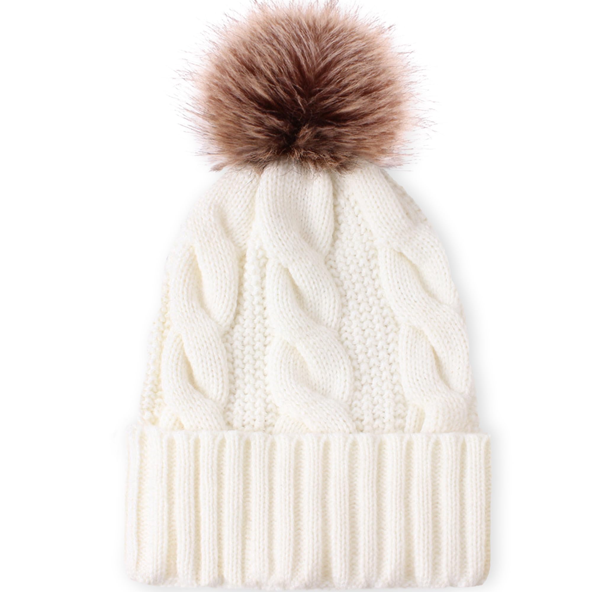 TAROSE Womens Winter Beanie Hat - Winter Soft Hat for Women Pompom Warm Knit Hats with Cozy Faux Fur Lined (White)