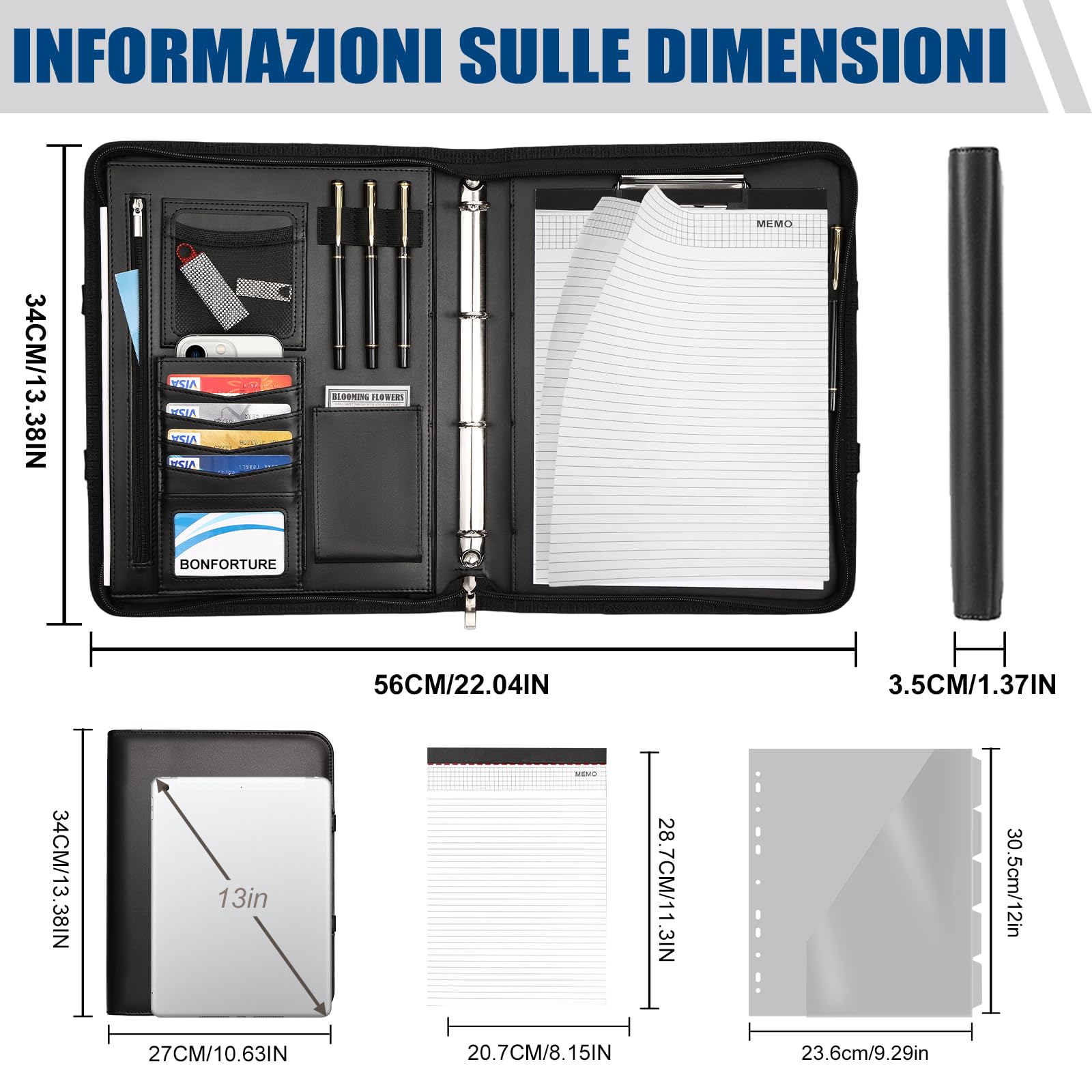 Cartella Portadocumenti A4 con Buste Trasparenti, Raccoglitore ad Anelli 4 con Manico Magnetico e Cerniera in Pelle Vegana