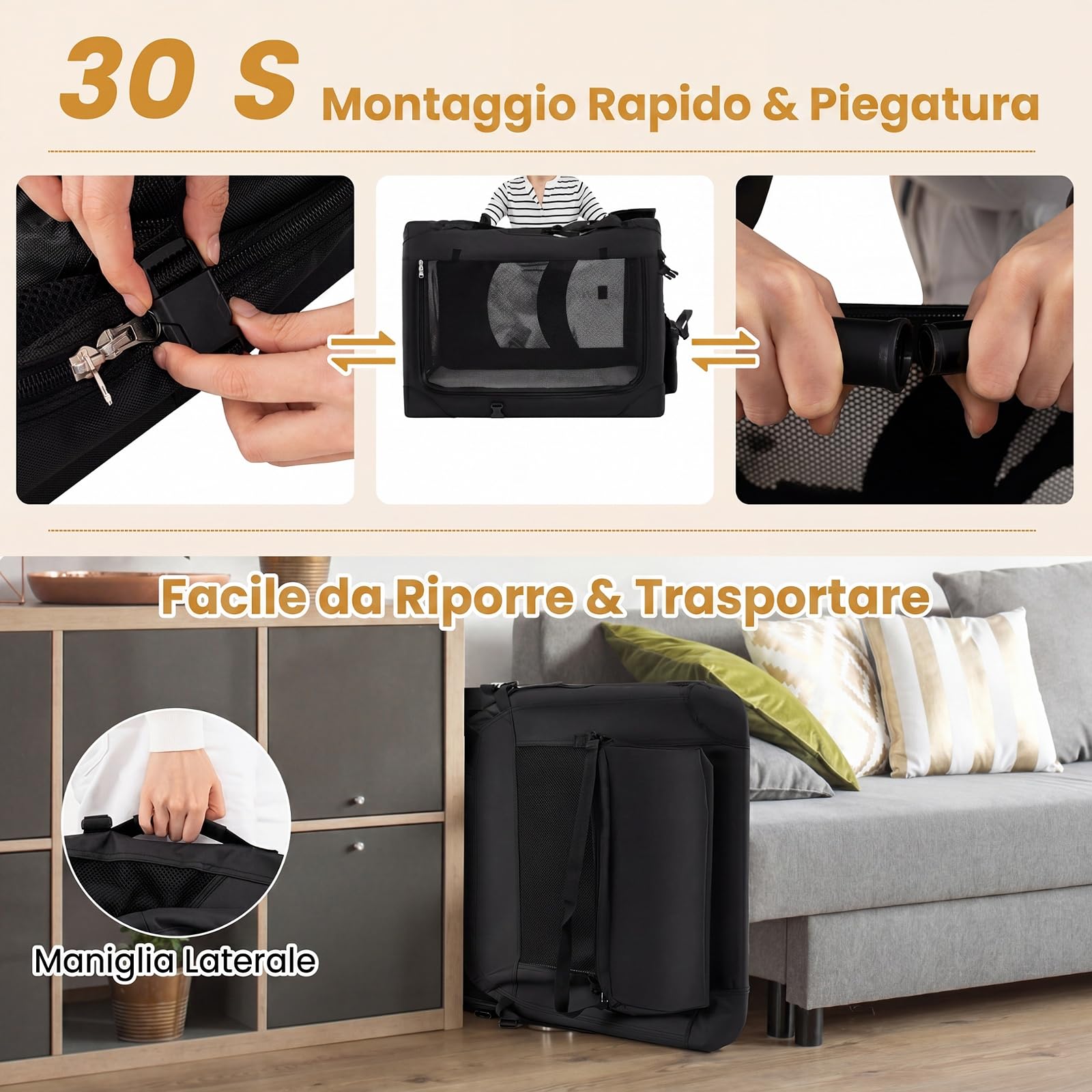 COSTWAY Trasportino per Cani e Gatti, Borsa per Cani Pieghevole e Traspirante con Morbido Cuscino, Parte Superiore Apribile, 2 Tasche Portaoggetti e 2 Manici per Animali Domestici (L,Nero)