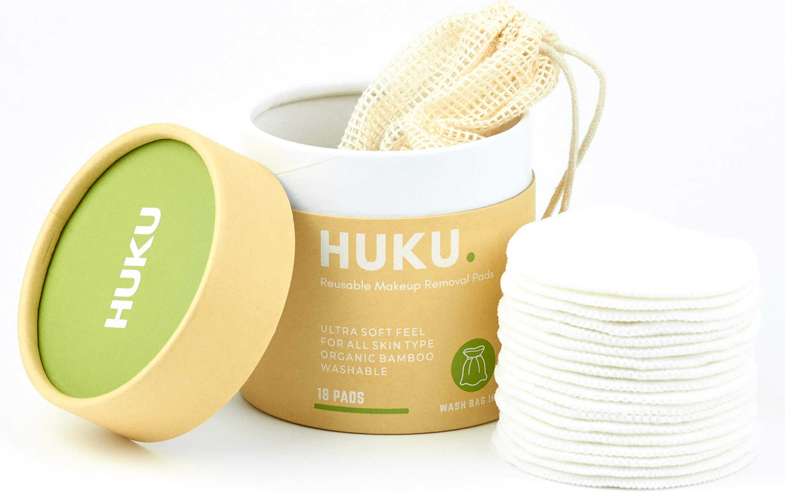 HUKU | Reusable Make Up Remover Pads | 18 Bamboo Cotton Pads With Wash Bag | Eco-Friendly & Washable | For All Skin Types | UK Brand