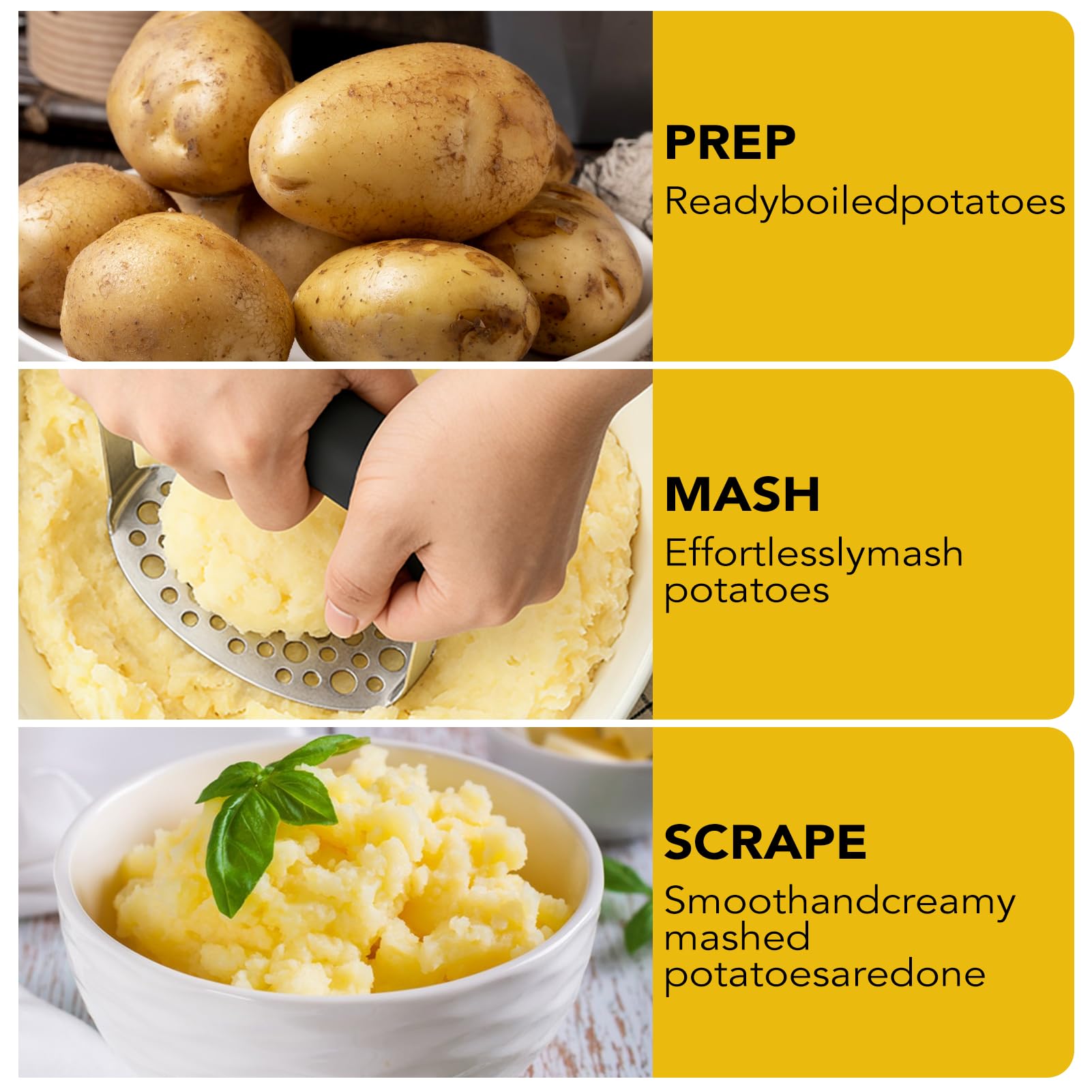 Presse Purée de Pommes de Terre, Presse Légumes Professionnel en Acier Inoxydable avec Poignée Masher Broyeur pour Pommes de Terre, Fruits, Légumes, Nourriture de Bébés.