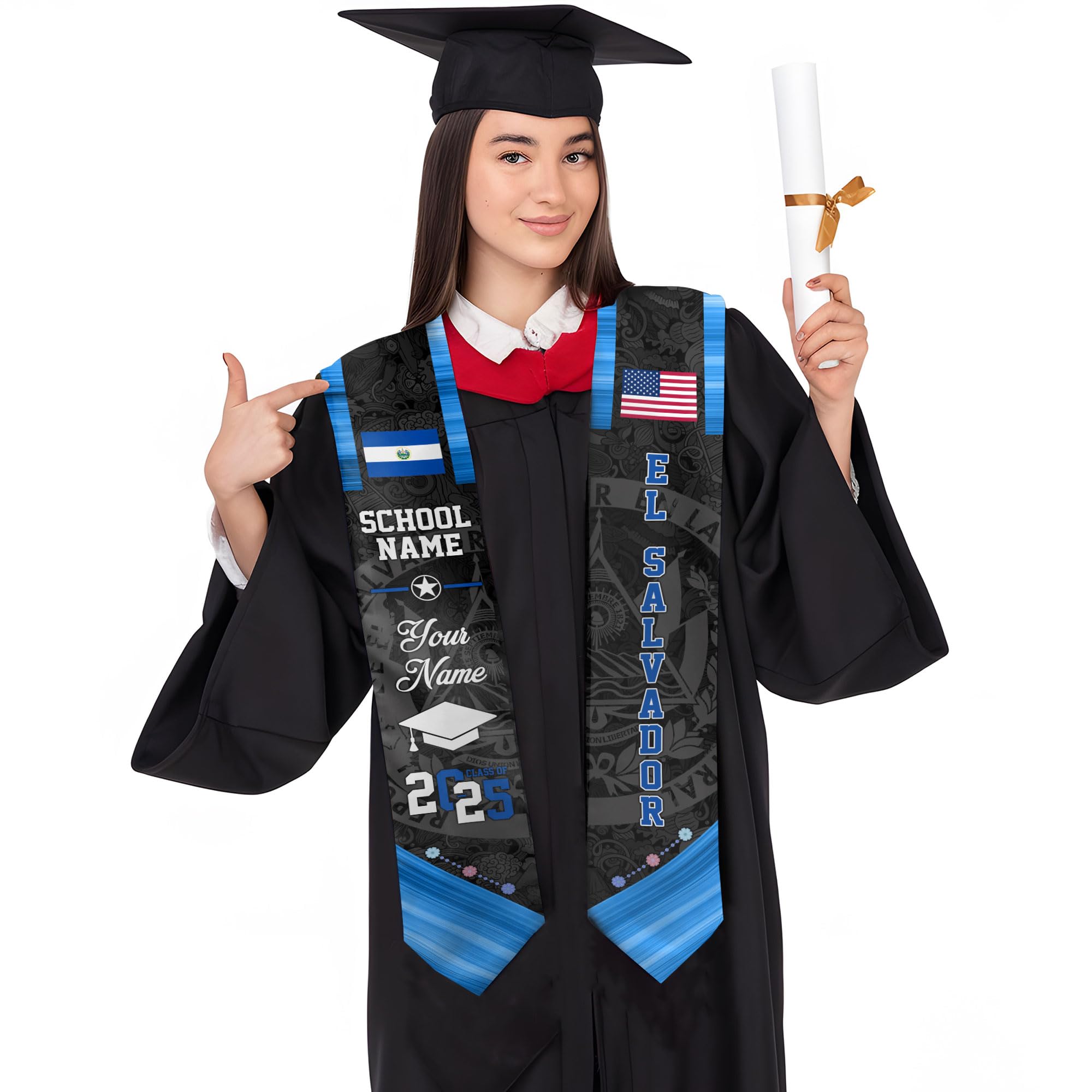 MonkeyVan Custom El Salvador Graduation Sash, El Salvador Stole, Salvadorans Graduation Sash 2025, El Salvador Flag Grad Stole Esvd 9