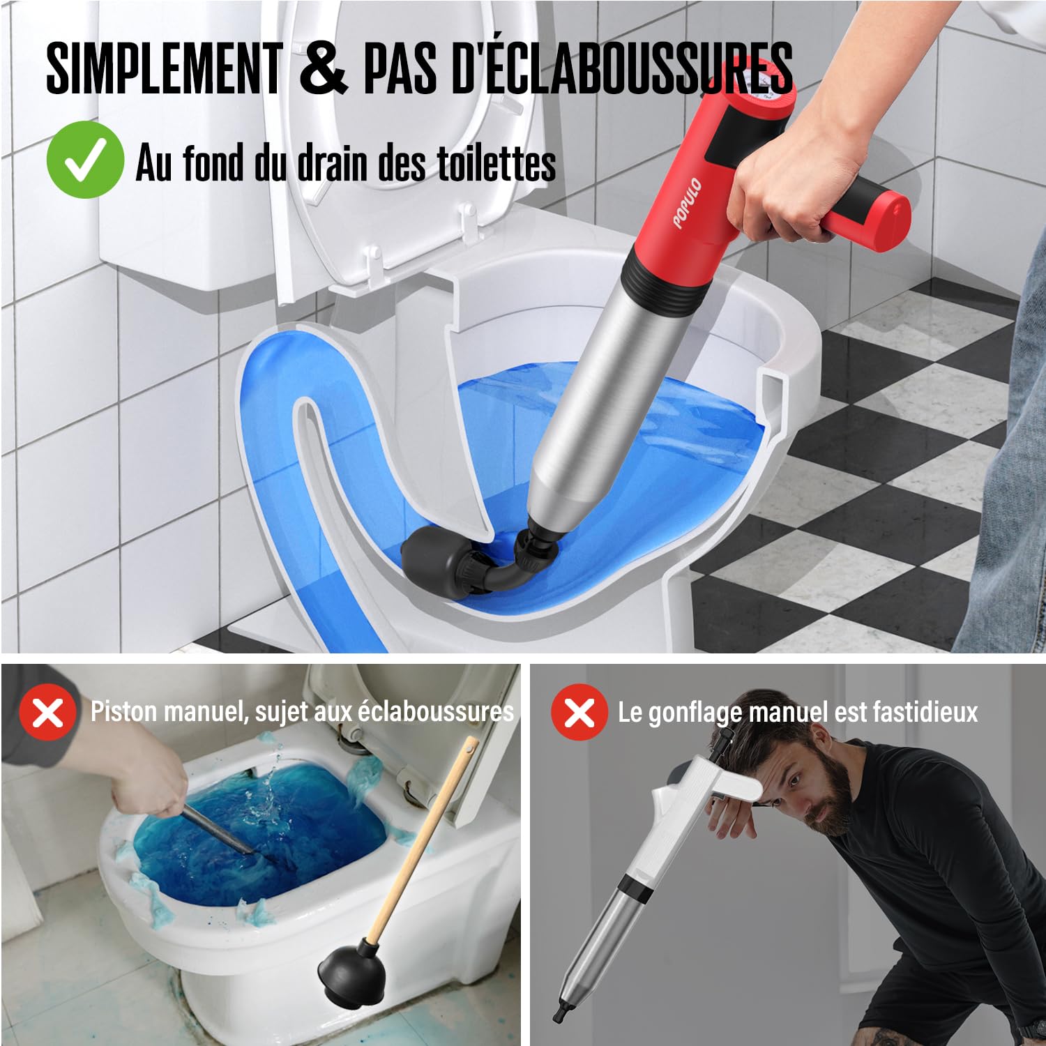 POPULO Déboucheur électrique à Ventouse haute pression pour Toilettes WC Bain Lavabo Douche