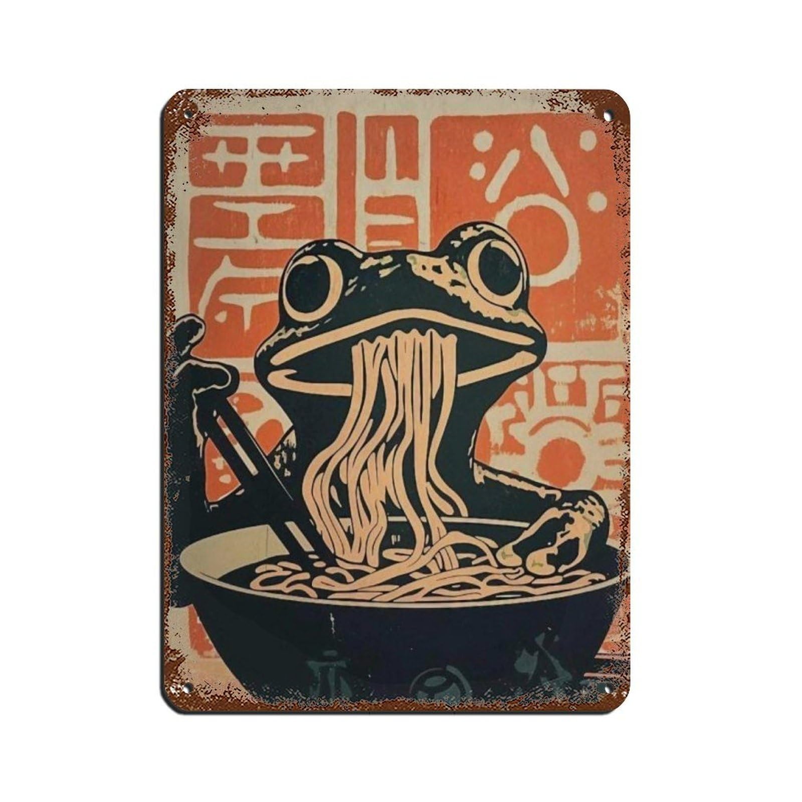 Retro Frog Eating Noodles Art Poster, Tin Sign Vintage Metal Pub Club Cafe Bar Home Wall Art Decoration Poster Retro 12x16inch(30x40cm)