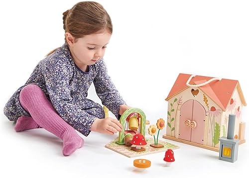 Miniatura 5 de Tender Leaf Toys - Casa de campo de palisandro - Juego de casa de muñecas de madera amueblada portátil de 2 pisos con asa, 4 piezas de familia de