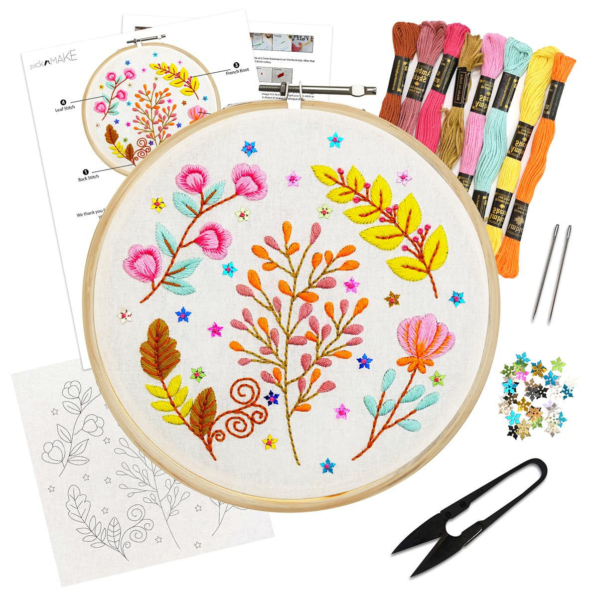 picknMAKE Fabric, Sequins DIY Cross Stitch Hand Embroidery Kit for Beginners Adult with Pattern & Cloth, Multicolor Whimsical Floral, Written Instructions, Embroidery Hoop & All Materials Included