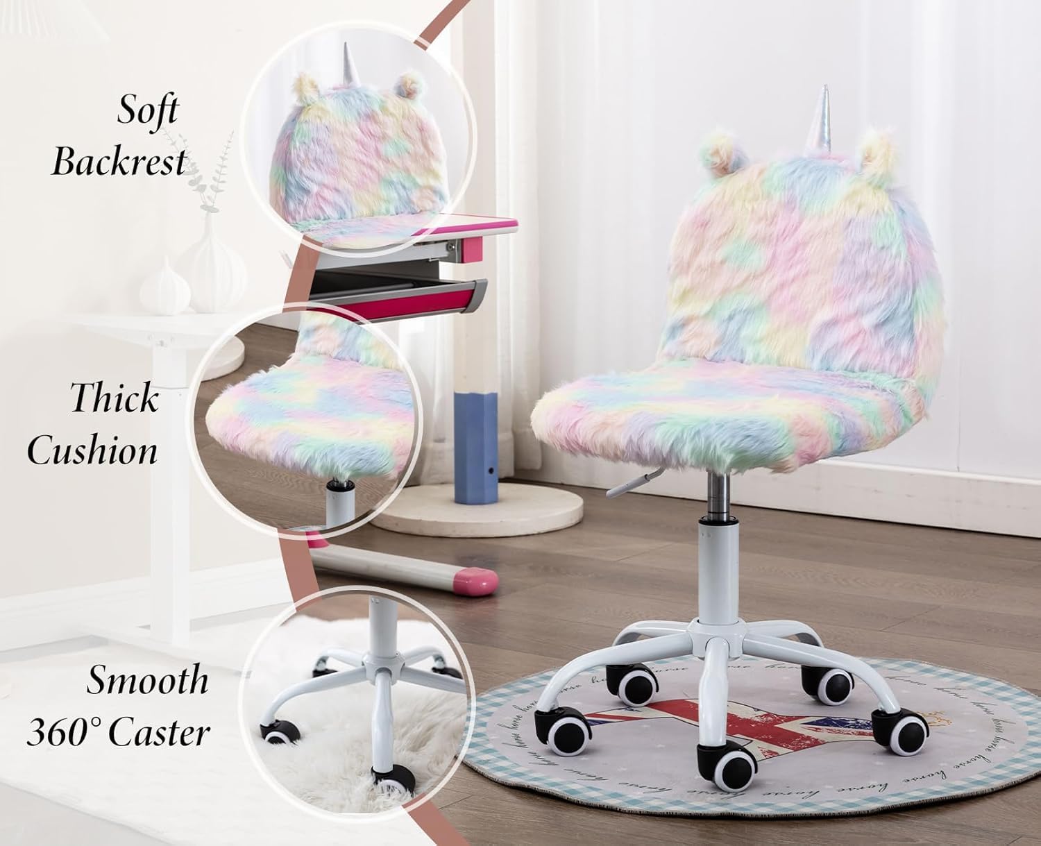 chairus Sedia da scrivania per bambini in morbida pelliccia sintetica regolabile in altezza sedia girevole per cameretta dei bambini (colorata)