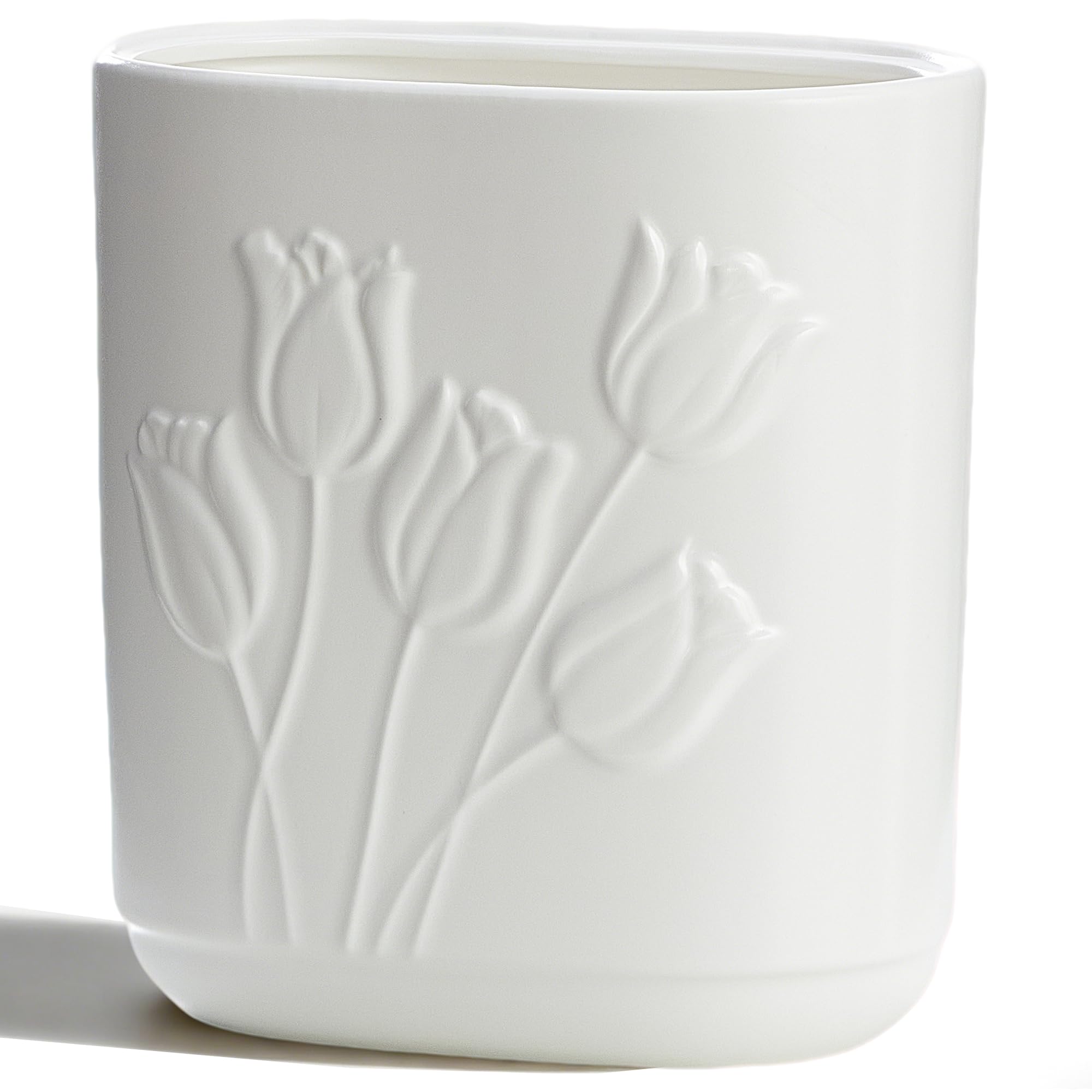 White Ceramic Tulips Small Bathroom Trash Can 2 6 Gal 10 Liter - Heavy Decorative Garbage Bin for