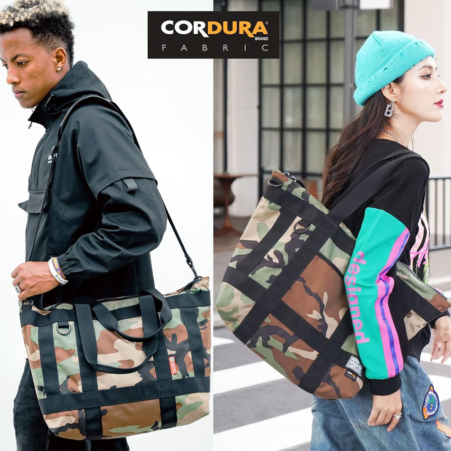 Rough Enough Large Tote Bag for Women Men 20L Tote Bag with Zipper Compartments Crossbody Strap for Work Travel in Tactical Green Camo Cordura