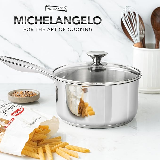 The MICHELANGELO 3 Quart Saucepan is a versatile kitchen tool designed for both amateur and professional cooks. Made from high-quality stainless steel, this saucepan is durable and resistant to rust and corrosion, ensuring longevity even with frequent use. It features a thick bottom that ensures even heat distribution, reducing the chances of hot spots and allowing for precision cooking. The stainless steel material also gives it a sleek, modern look, making it a stylish addition to any kitchen.