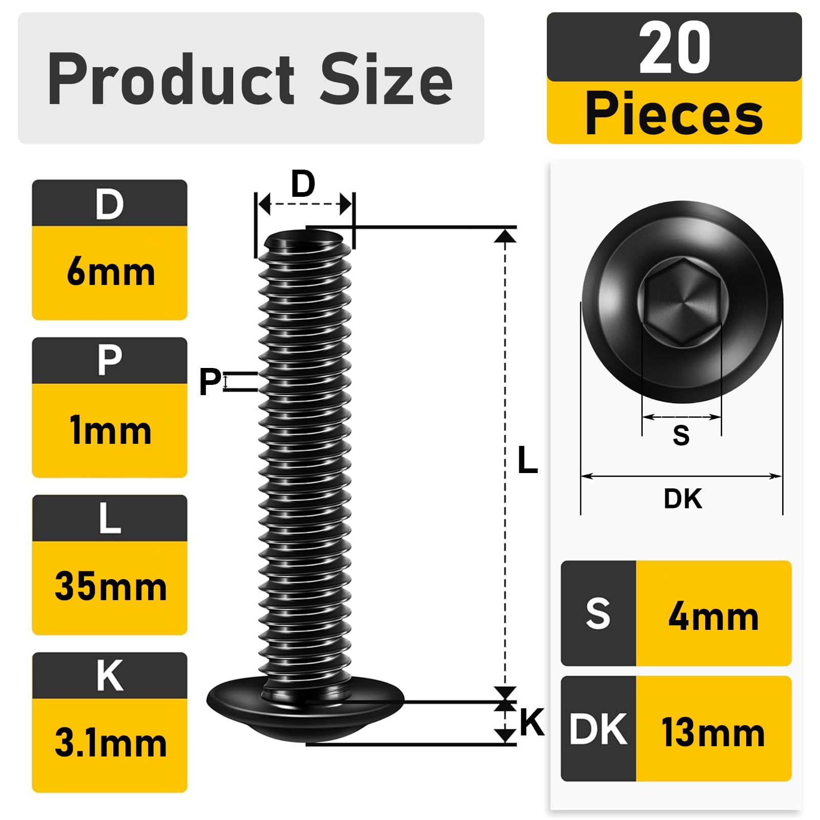 Valorada M6 Bolts, M6 x 35mm Flanged Button Head Screws Allen Socket Bolts Stainless Steel 304 Black Finish with Hex Spanner Pack of 20 - Image 2