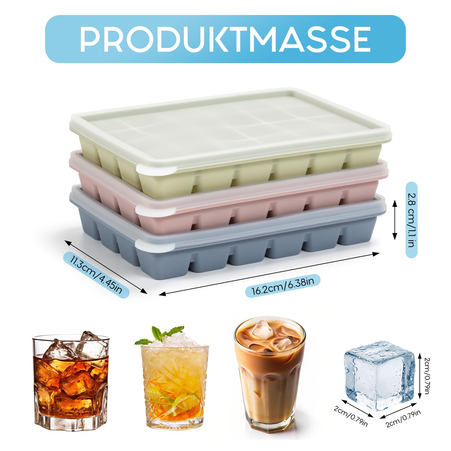 Lot de 3 bacs à glaçons carrés en silicone avec couvercle 24 compartiments Sans BPA