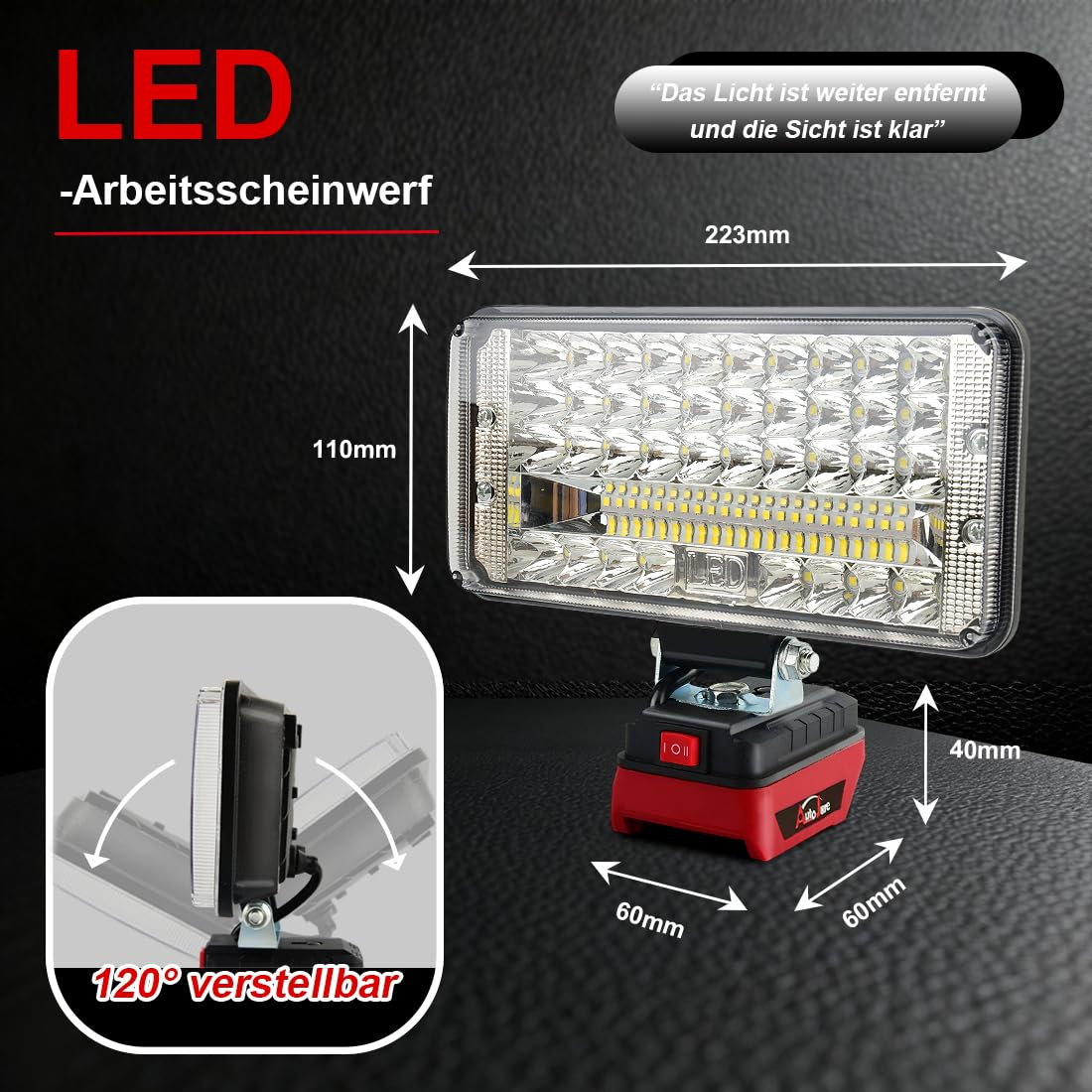 Akku Lampe Kompatibel mit Einhell 18V Batterie 90W Kabellose Led Arbeitsleuchte 7500LM Tragbares Flutlichter 2 Helligkeitseinstellungen Baustellen Lampe mit 2 USB-Aufladung (kein Akku)